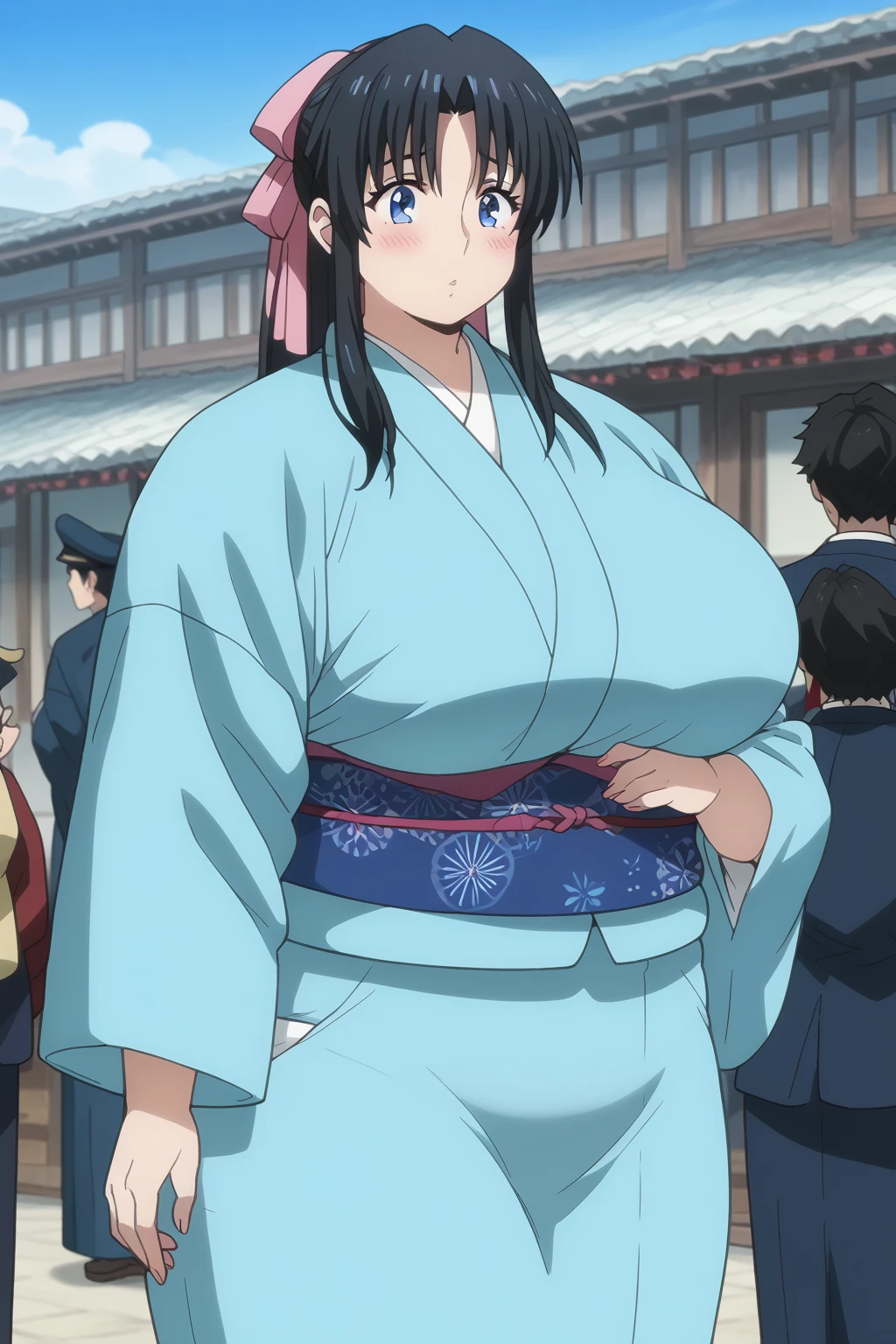 Kaoru Kamiya, Kaoru Kamiya,　 long hair,  pink barrette ribbon , bangs,  blue eyes, Thighs, Black Hair,  light blue kimono ,　Navy blue Kimono obi ,  kimono,  score_9,   score_8_up,   score_7_up,   score_6_up,   score_5_up,   score_4_up,     masterpiece   ,   top quality,   very aesthetic,   absurd,   source_Anime, Anime screencap,   one woman , Alone,  personal  ,  Super huge breasts, (((Super huge クレビス, Super huge , Super huge boob))), Curvy,  chubby, Mature Woman,  obese body type, blush, Shy woman,  stomach flesh sticking out of clothes,　 sloppy stomach ,  saggy stomach , 