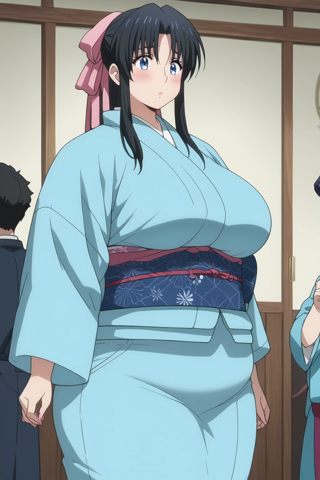 Kaoru Kamiya, Kaoru Kamiya,　 long hair,  pink barrette ribbon , bangs,  blue eyes, Thighs, Black Hair,  light blue kimono ,　Navy blue Kimono obi ,  kimono,  score_9,   score_8_up,   score_7_up,   score_6_up,   score_5_up,   score_4_up,     masterpiece   ,   top quality,   very aesthetic,   absurd,   source_Anime, Anime screencap,   one woman , Alone,  personal  ,  Super huge breasts, (((Super huge クレビス, Super huge , Super huge boob))), Curvy,  chubby, Mature Woman,  obese body type, blush, Shy woman,  stomach flesh sticking out of clothes,　 sloppy stomach ,  saggy stomach , 