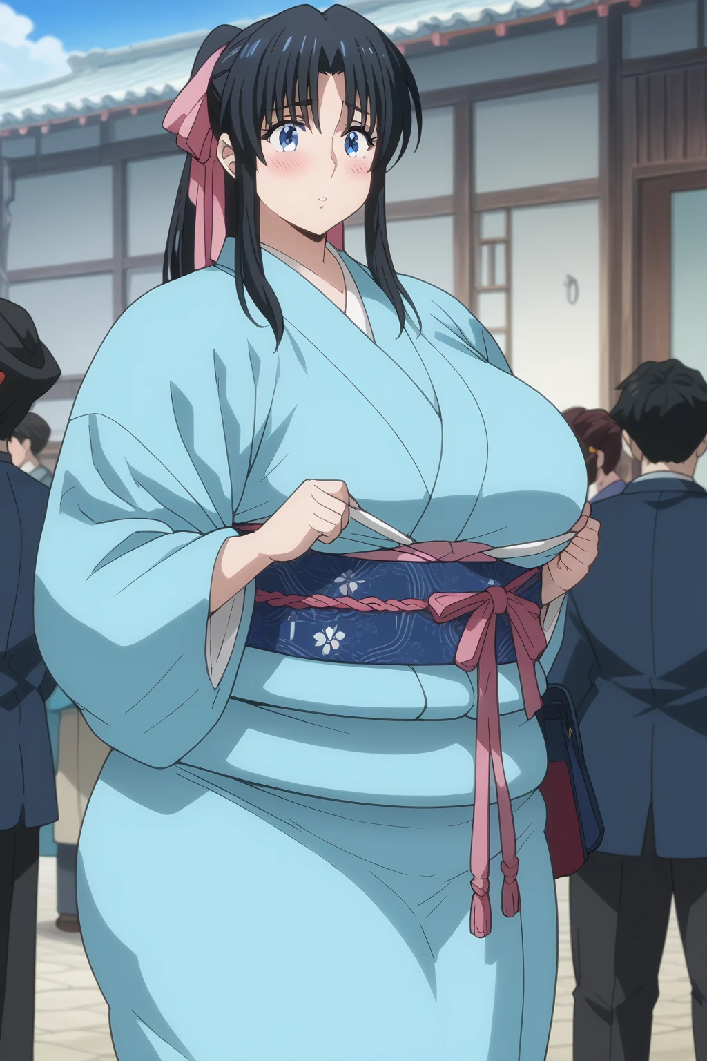 Kaoru Kamiya, Kaoru Kamiya,　 long hair,  pink barrette ribbon , bangs,  blue eyes, Thighs, Black Hair,  light blue kimono ,　Navy blue Kimono obi ,  kimono,  score_9,   score_8_up,   score_7_up,   score_6_up,   score_5_up,   score_4_up,     masterpiece   ,   top quality,   very aesthetic,   absurd,   source_Anime, Anime screencap,   one woman , Alone,  personal  ,  Super huge breasts, (((Super huge クレビス, Super huge , Super huge boob))), Curvy,  chubby, Mature Woman,  obese body type, blush, Shy woman,  stomach flesh sticking out of clothes,　 sloppy stomach ,  saggy stomach , 