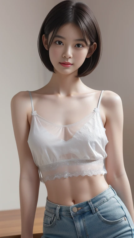 High resolution, Photorealistic, Ultra-detailed, (Best Quality, 8K, 32K, masterpiece, UHD:1.2), Photo of 19yo pretty Japanese school girl, breasts, covered nipples, black hair, navel, medium breasts, cleavage, midriff, skirt, black eyes, camisole, lips