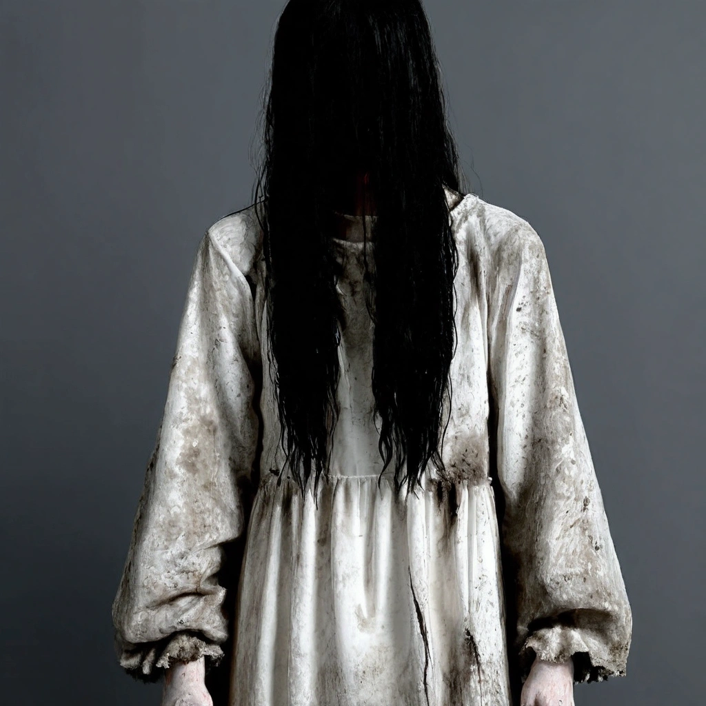 arafed woman in a white dress standing in a room with pictures on the wall, the ring movie, the ring, film still from a horror movie, portrait of sadako of the ring, horror movie scene, film still from horror movie, still from horror movie, horror movie still, horror film still, the grudge, horror movie aesthetic, horror film, creepy, terrifying, 4k ultra detailed, scary, dark abandoned haunted