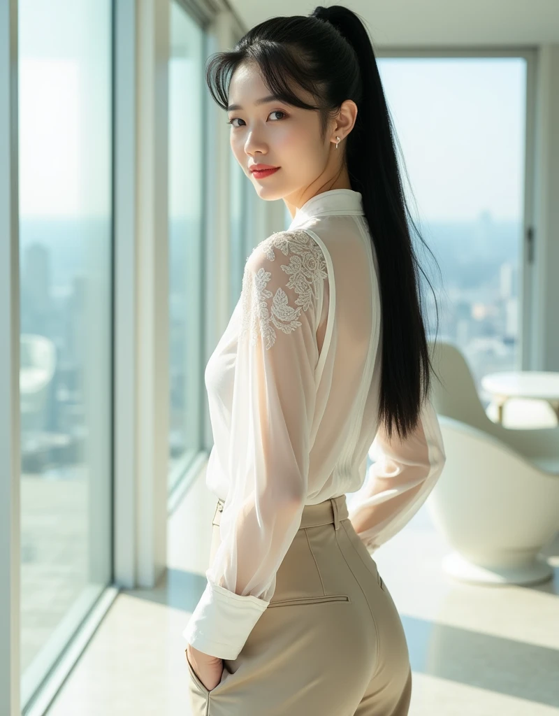 Standing Woman、(Place your hands behind your back and place your wrists on your hips)、Inside a well-lit studio、Beauty、20-year-old、university student、Wearing a short-sleeved blouse、Wearing a flared skirt、Uniform left and right eyes、Well-proportioned、Medium build、Small Bust、Small face、Small Ass、View from directly behind、The whole body is visible、, light brown hair, hair over shoulder, straight hair, shiny hair, symbol-shaped pupils, earrings, parted lips, seductive smile, Surrealism, cinematic lighting, first-person view, from behind, Nikon, cowboy shot, UHD, anatomically correct, textured skin, super detail, best quality, highres, 8k