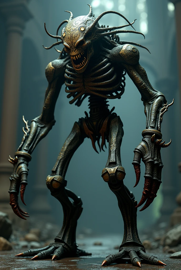 a monstrous humanoid creature, extremely detailed and intricate anatomy, bound by thick heavy chains, struggling against its bindings, epic fantasy style, dark moody lighting, dramatic shadows, cinematic composition, highly detailed, 8k, realistic, photorealistic, masterpiece