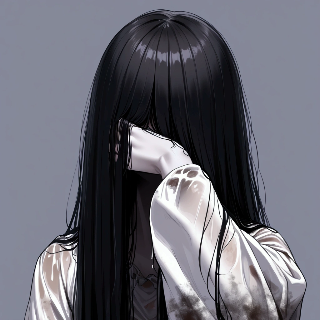 theonryoxl,long black hair,faceless,hair over face,dirty white dress with sleeves,solo,simple background,front face,head shot,close up,yamamura sadako, hair over eyes, black hair, long hair, pale skin, white dress, wet clothes, horror \(theme\),