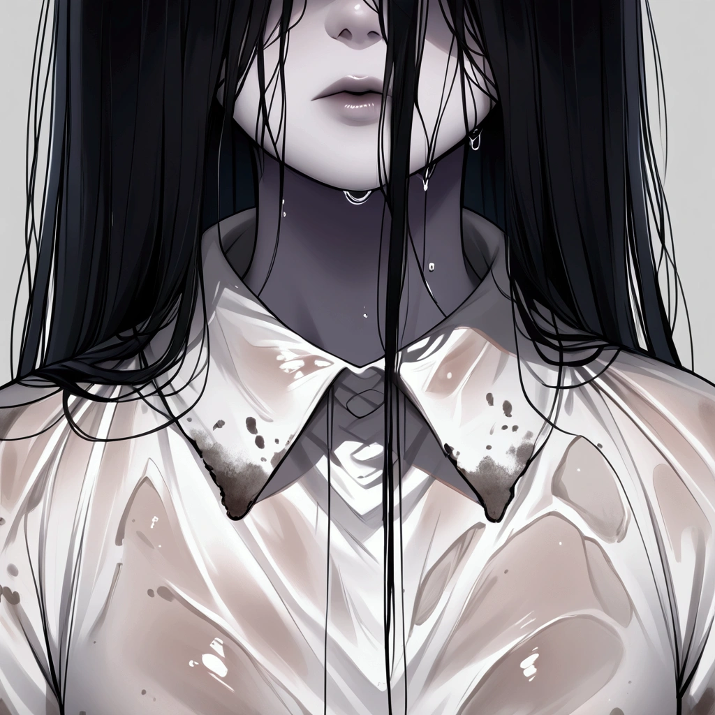 theonryoxl,long black hair,faceless,hair over face,dirty white dress with sleeves,solo,simple background,front face,head shot,close up,yamamura sadako, hair over eyes, black hair, long hair, pale skin, white dress, wet clothes, horror \(theme\),