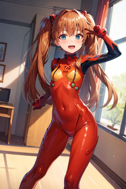 (( top quality)), ((masterpiece)), (be familiar with),  perfect face, indoor, bedroom,  watching viewers,
One woman,  Soryu Asuka Langley,
 open mouth,  with an ecstatic expression , blush, smile,
 small tits,  flat chested, Young girl, Lori,  s,  girl,
 long hair,  twin tails,
Leg spread,