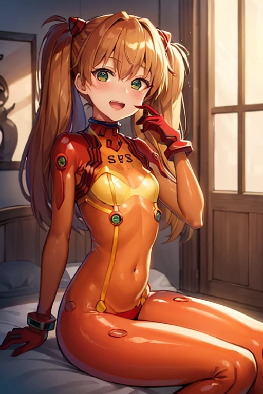 (( top quality)), ((masterpiece)), (be familiar with),  perfect face, indoor, bedroom,  watching viewers,
One woman,  Soryu Asuka Langley,
 open mouth,  with an ecstatic expression , blush, smile,
 small tits,  flat chested, Young girl, Lori,  s,  girl,
 long hair,  twin tails,
Leg spread,