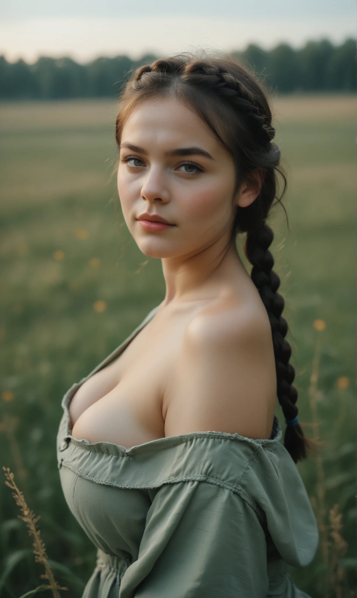 score_9, score_8_up, score_7_up, score_6_up, photo, realism, photorealistic, from behind, round ass, 1girl, russian, brunette, long black hair, thick braid, plump, big breasts, russian national sarafan, off shoulder, cleavage, posing in field, looking at viewer, depth of field, salty light, frontlight, film grain, face in focus, sharpness on face