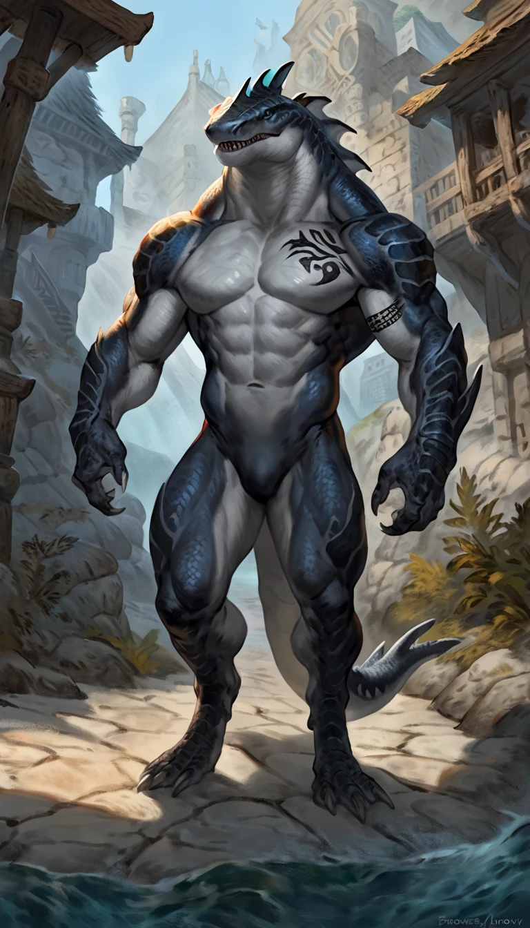 sharkman, gray belly, black and blue hands and fins, black back, solo, big arms, koholasaurus from genshin impact, bara, detailed smooth skin on abs, lizard shark hybrid, anthro, closed mouth, detailed scales, muscular, thick scales on arms and legs, proporcional body, wide chest, trapezoid body type, marked jaw, thick shark tail, best quality, 4k, ultra-detailed, by Buta99, by taran fiddler, by honovy, detailed illustration of 4K horror, pirate port scenery, pirate tattoos on the body, standing near water