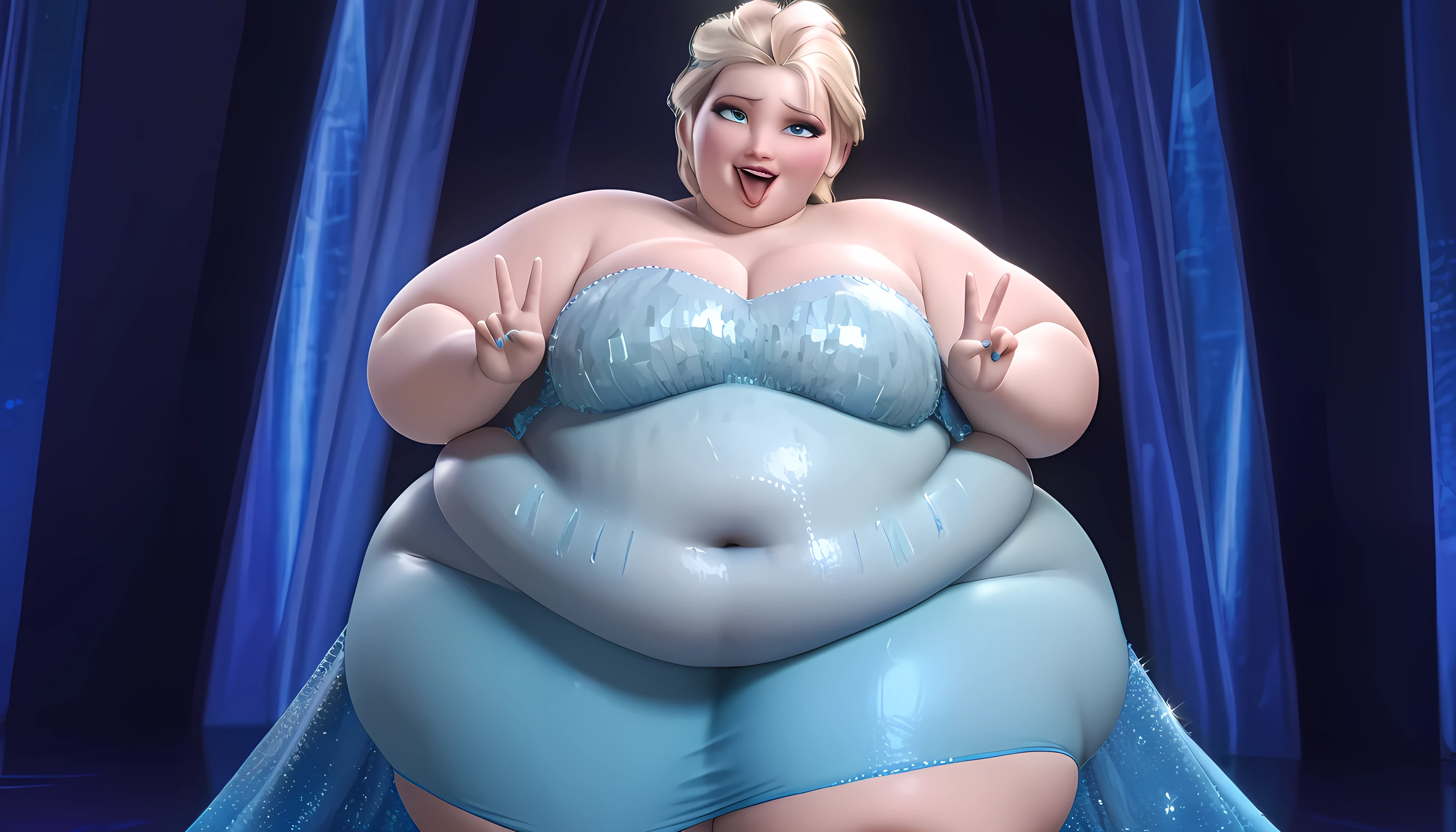 Elsa, 1 girl, light blue eyes, ahegao, peace sign, Tilt your head, cowboy shot, medium breasts, crystal dress, bare thighs, sitting down, front, 1 girl, standing alone, , salient smile, gazing at viewer, hands crossed, all-body, pose, best quality, no flaws  fat, chubby, obese, gigantic arms and legs, large breasts open mouth, out of breath