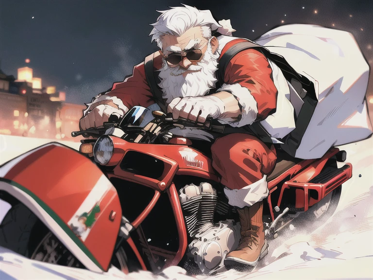 （Santa Claus with cool sunglasses swaying in the big gift bag he carries on his back ）Blast away on a motorbike 、Wild old man Santa Claus、Snow and smoke rising 、 Santa Claus wearing sunglasses、Speed、 running fast through the city at night when heavy snowfall 、((Carrying a big white bag))、 explodes Harley Davidson、 Legendary Outsider Santa Claus 、 Santa Claus in cool sunglasses、 Santa Claus riding a motorcycle 、Running briskly in the snow 、( masterpiece  ), ( top quality), ( very detailed), (Vivid color image),Carrying a big white bag、Dramatic art touch、 Clear Images ,  Clear Images ,  Clear Images ,  vivid images, Noise-free images、Detailed body,  detailed hair, Detailed Eyes with Detailed Faces  ,Extremely detailed backgrounds