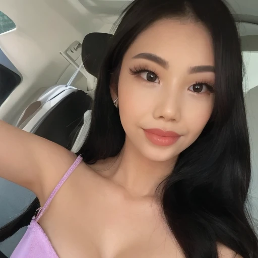 A beautiful asian and young girl.Her facial features are exquisite and fully conform to the golden ratio of human anatomy...Her long,straight long black hair, Big breasts, huge chest, fat body,  beautiful scenery,  big breasts, big, big tits, busty , big breast,  big boobs, wearing a beautiful sheer top, sexy skirt, sexy pose ,  big breasts , big breasts,  huge tits, selfie, inside car, smile