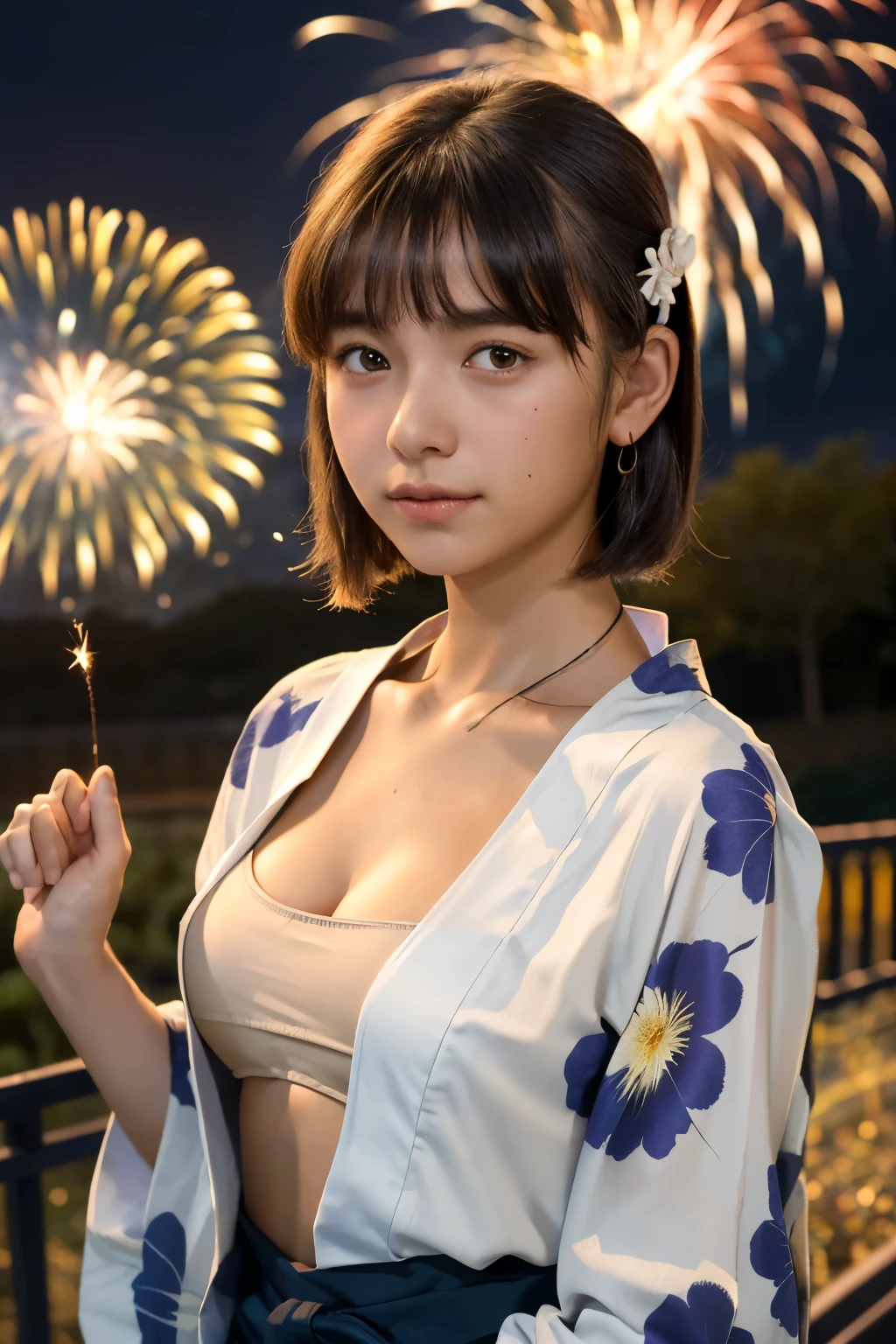 best quality, masterpiece, young french girl, (14yo:1.4), ((tanned skin)), (silhouette lighting:1.1), (upper body:1.5), medium hair with bangs, small breast, hourglass figure, oily skin, (yukata without bra, cleavage:1.3), hands down, japanese rural field landscape, ((fireworks at midnight))