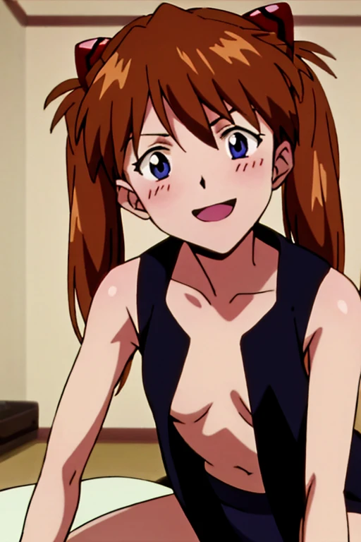 (( top quality)), ((masterpiece)), (be familiar with),  perfect face, indoor, bedroom,  watching viewers,
One woman,  Soryu Asuka Langley,
 open mouth,  with an ecstatic expression , blush, smile,
 small tits,  flat chested, Young girl, Lori,  s,  girl,
 long hair,  twin tails,
Leg spread,