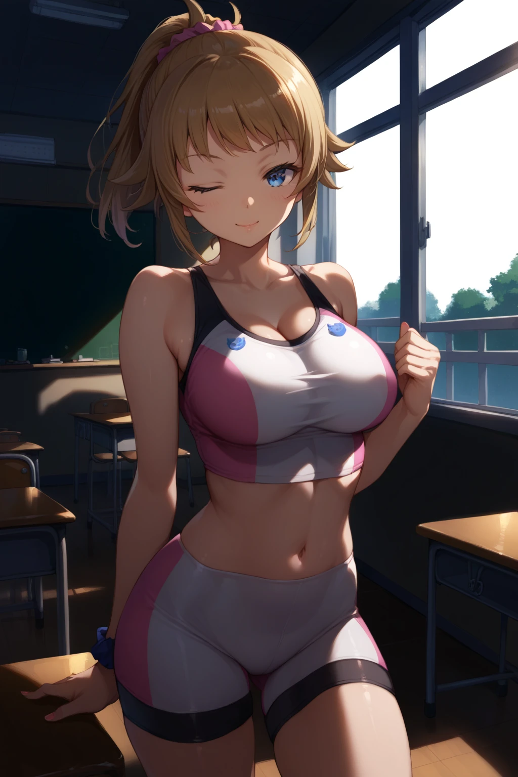 score_9, score_8_up, score_7_up, source_anime, 1girl, gundamhoshino, ponytail, scrunchie, one eye closed, sports bra, bike shorts, indoors, classroom, large breasts,