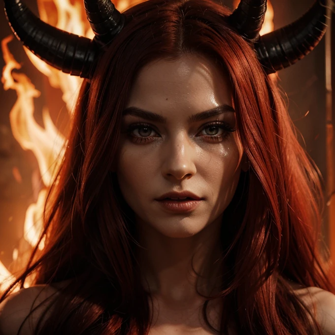 1 Demon woman with horns, fiery red long hair, ultra detailed face and eyes, hyperrealistic, realistic representation, 30 years old, dancing in hell, pretty face, her clothes consist of chains,  full body view 