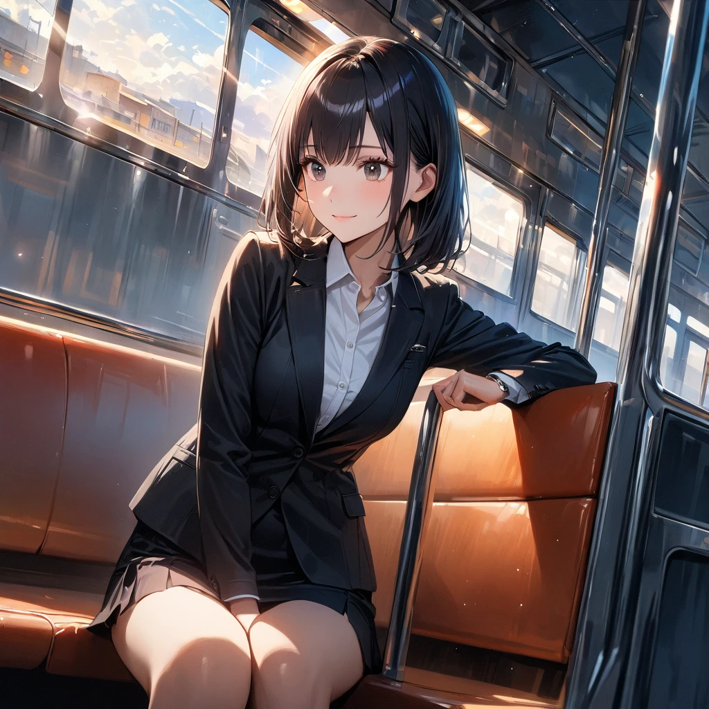 (masterpiece:1.2), high quality, high resolution, attention to detail, 4K, 8K, illustrative realism, dazzling sunlight, 1woman is sitting on a train seat, train have long horizontal seats along the walls, reading documents with a focused expression, angle from a diagonal, (detailed beautiful face), (detailed beautiful eyes:1.2), black eyes, straight bob hair, black hair, detailed hair, (light smile:1.2), beautiful breasts, business suit, (office jacket), dress shirt, black mini skirt, leaned forward slightly, cross-legged, 