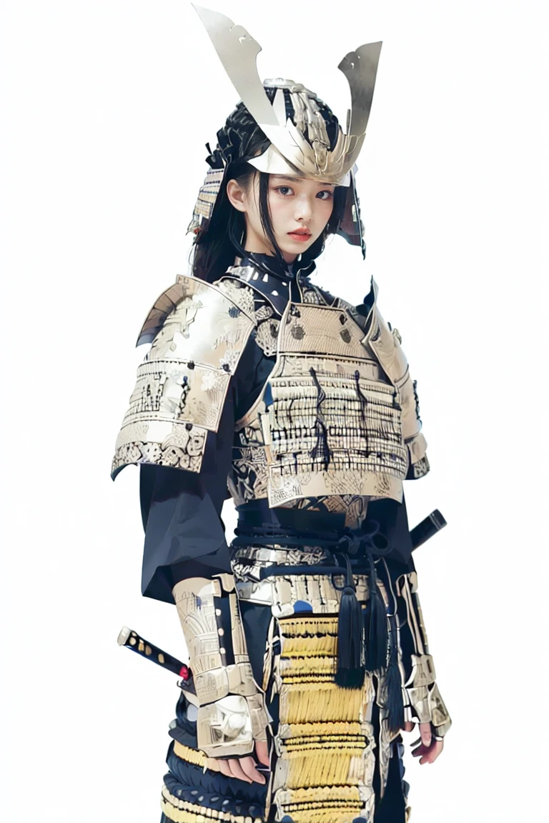 A hyper-realistic, highly detailed, and high-resolution (16k) image of a striking Western man wearing a cutting-edge, fashionable Japanese samurai armor (yoroi). The samurai armor combines traditional elements with avant-garde, futuristic designs, creating a balance of cultural heritage and modern innovation. 
The man stands upright in a rigid, commanding pose, looking directly at the viewer with a calm yet intense expression. His chiseled facial features and confident gaze evoke strength and poise, making him appear like a high-fashion model.
Key details include:
- The armor features sleek, angular lamellar plates and sode (shoulder guards) reimagined with metallic textures and sharp, modern lines.
- The color palette is monochromatic with gradients of black, gray, and silver, accented by subtle glowing edges and intricate engravings.
- The kabuto (helmet) is minimalist yet bold, adorned with a unique, futuristic maedate (crest) symbolizing strength and elegance.
- The haidate (thigh guard) and kusazuri (tassets) flow seamlessly, resembling tailored high-fashion pieces while retaining the essence of traditional samurai attire.
- The overall design emphasizes a form-fitting silhouette, blending functionality and artistry, with faint reflective surfaces catching the light.

The background features a monochromatic gradient transitioning from deep black to soft gray and silver tones, mirroring the color palette and texture of the samurai armor. Subtle glowing patterns reminiscent of traditional Japanese motifs and modern geometric designs appear faintly in the background, harmonizing with the intricate details of the armor. The minimalist setting ensures that the samurai remains the focal point while the background enhances the overall theme of unity and sophistication.
Studio-quality lighting illuminates the textures, engravings, and sleek lines of the armor, casting soft reflections on the background, creating an immersive and cohesive visual experience.