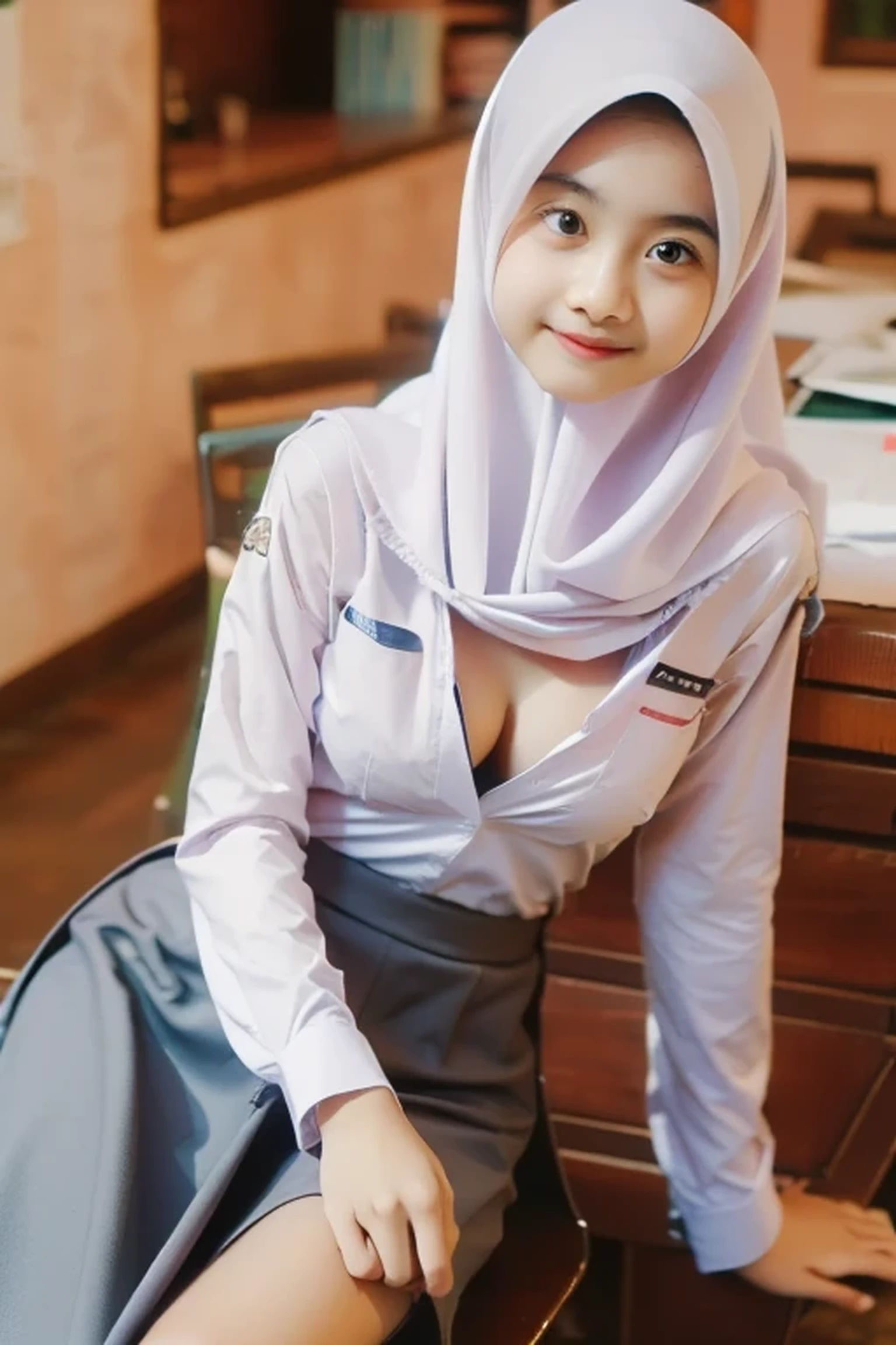 ((( Ultra-HD quality detail ))), Gen Z girls in hijab,  long-sleeved shirt, shirt buttons unbuttoned, showing cleavage visible, small breast, wearing bra, Long skirt, full body potrait, realistic, ( 8K resolution )