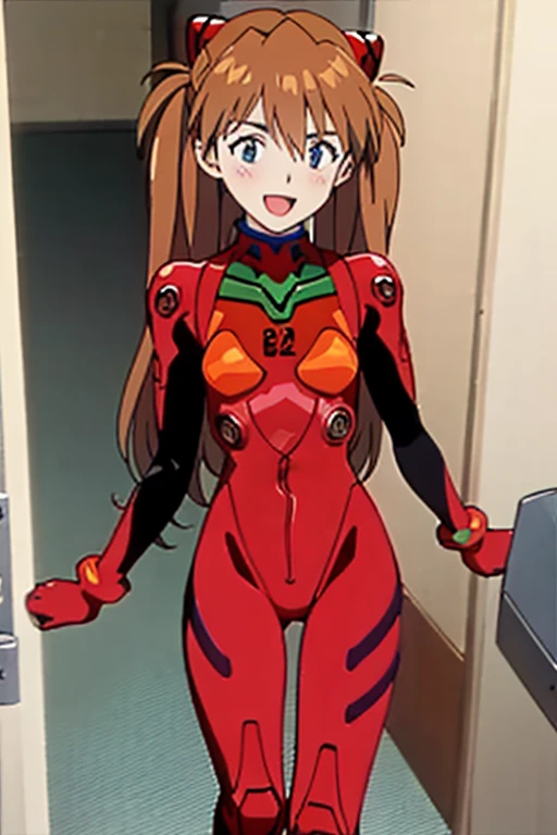 (( top quality)), ((masterpiece)), (be familiar with),  perfect face, indoor, bedroom,  watching viewers,
One woman,  Soryu Asuka Langley,
 open mouth,  with an ecstatic expression , blush, smile,
 small tits,  flat chested, Young girl, Lori,  s,  girl,
 long hair,  twin tails,
Leg spread,