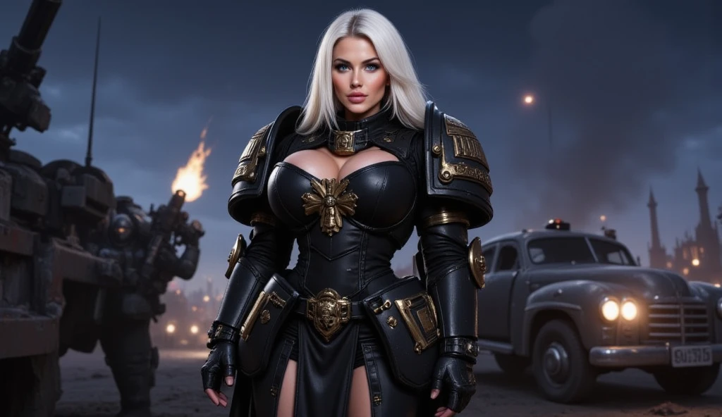 (ultra realistic) (Female Space Marine) (Black Space Marine power Armor)(Long platinum hair) (MILF) (A very beautiful face) (Cleavage) (Bimbo) (The battlefield on the background) (Night) (Bimbo lips) (Blue eyes) (at full height) (sexy pose) (high heels) (big boobs) (sexual facial expression)