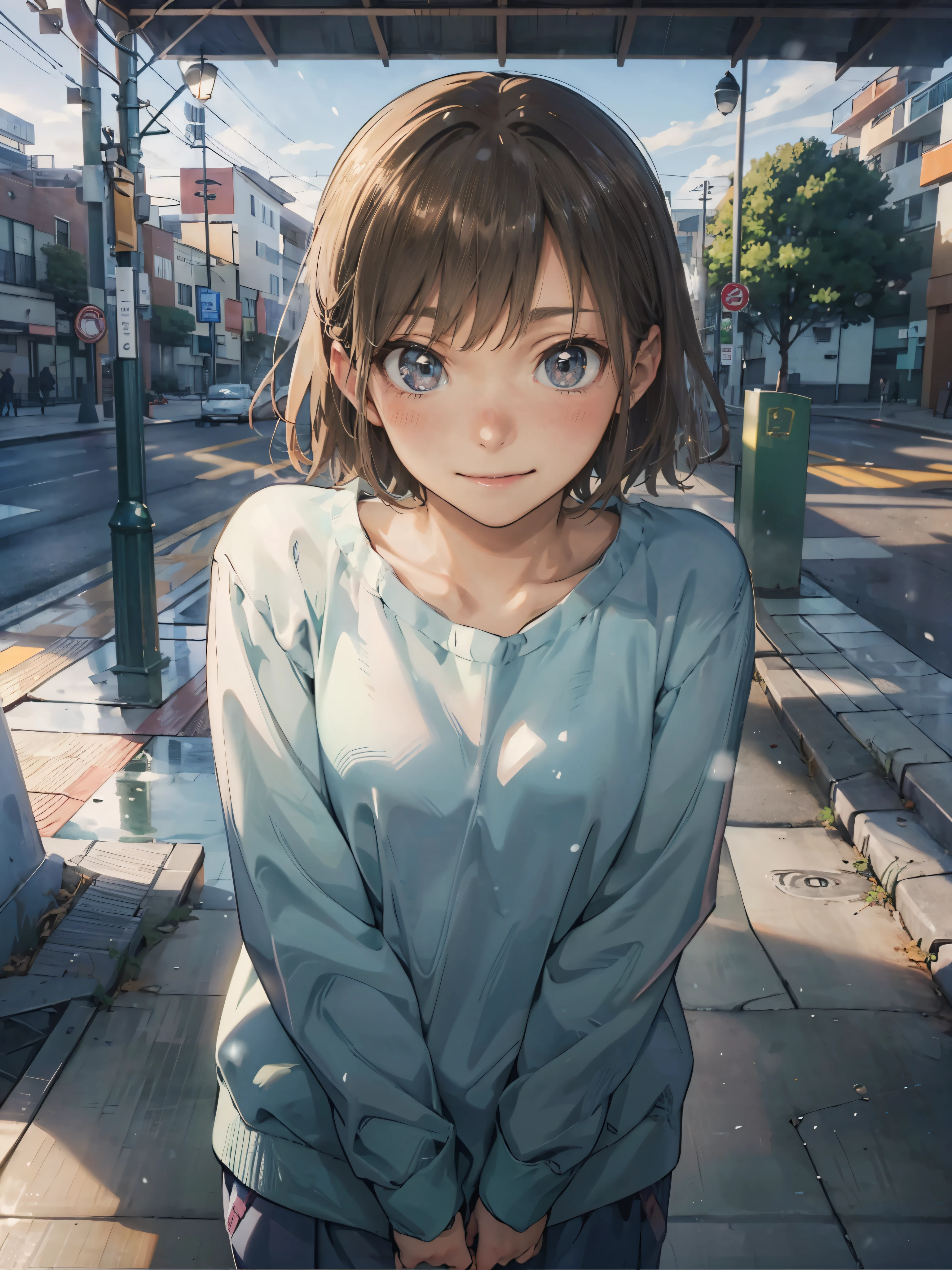 Anime - Illustration of a woman in high school clothes, winter outfit:1.5, anime character, official character art, neat and serious, full body, female anime girl, Posing:1.5, (Tanned:1.0), Looking at camera, (Embarrassed expression:1.5), (smile:1.5), In the park, small chest, (Blush:1.5), (On the way home at morning:1.5), go on a date, (hard kissing:1.5),