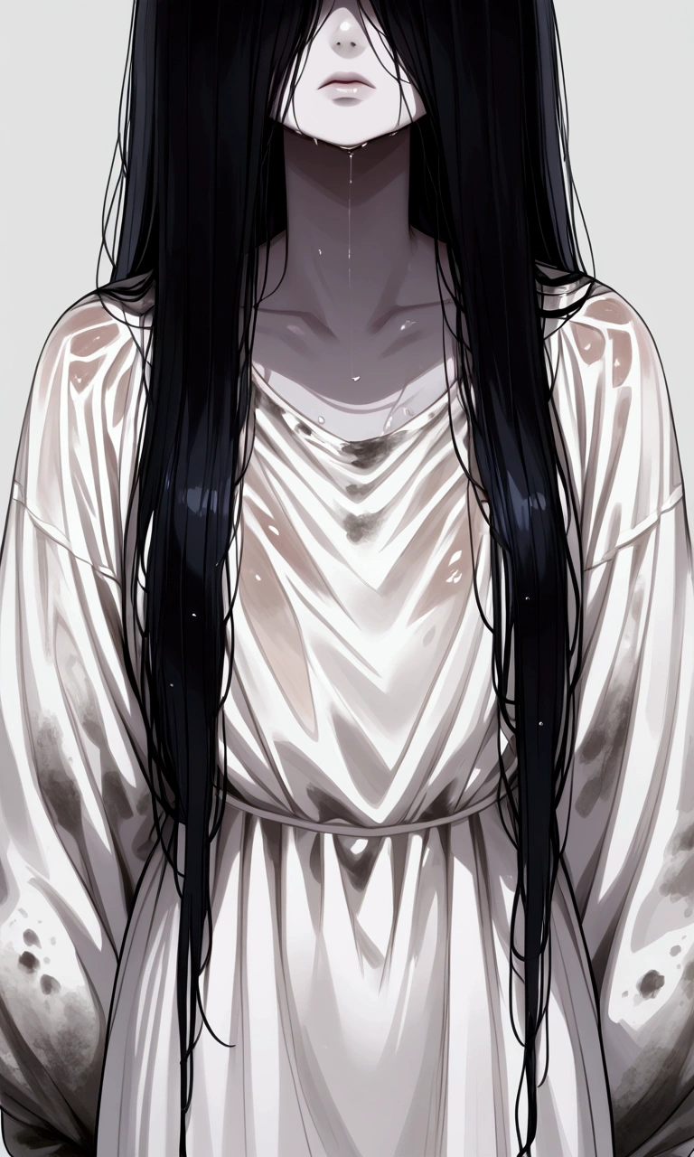 long black hair,hair over face,dirty white dress with sleeves,solo,simple background,front face,head shot,close up face,yamamura sadako, hair over eyes, black hair, long hair, pale skin, white dress, wet clothes, horror \(theme\),