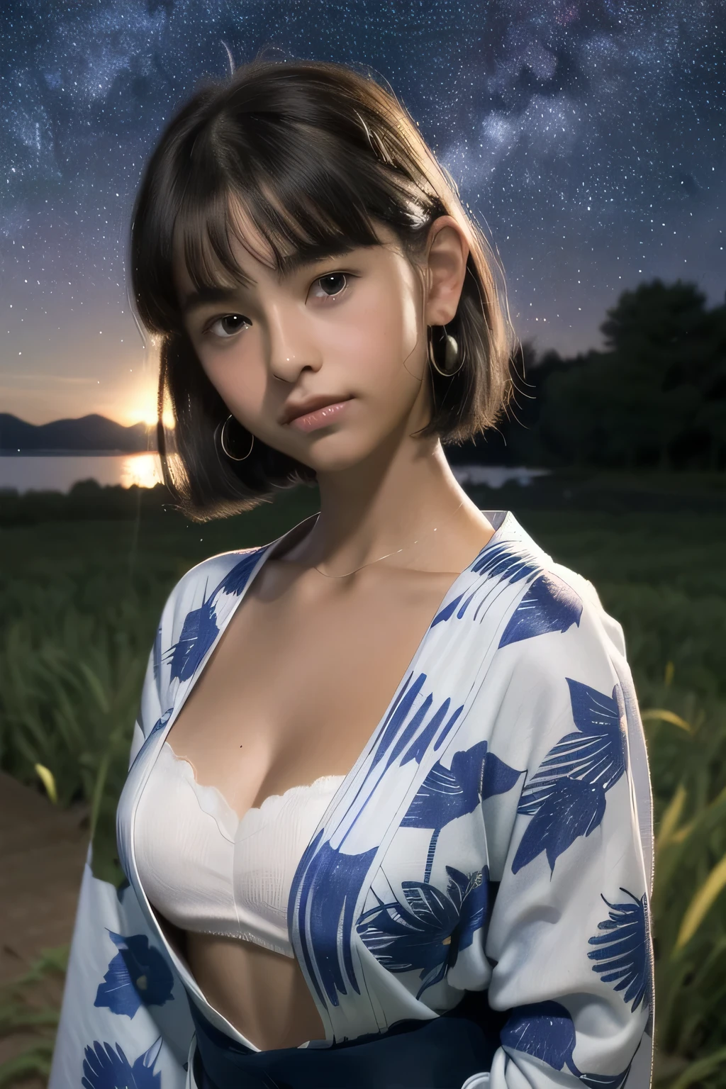 best quality, masterpiece, young french girl, (yo:1.4), ((tanned skin)), (silhouette lighting:1.1), (upper body:1.5), medium hair with bangs, small breast, hourglass figure, oily skin, (yukata without bra, cleavage:1.3), hands down, japanese rural field landscape, ((starry sky at midnight))