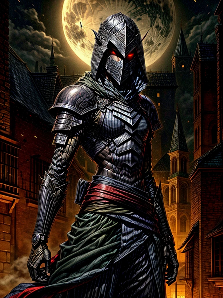 male assassin,hooded ,With iron mask,black armor, with a medieval city in the moonlight in the background( from waist up)