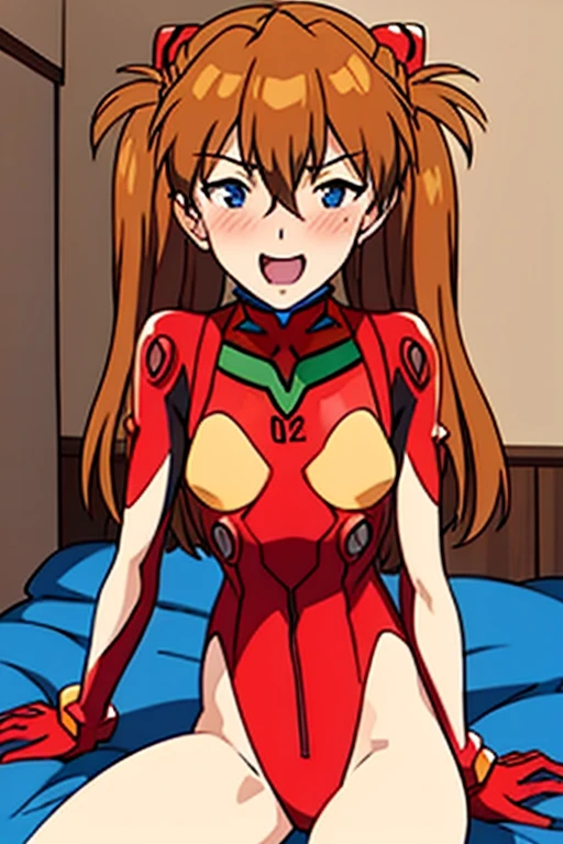 (( top quality)), ((masterpiece)), (be familiar with),  perfect face, indoor, bedroom,  watching viewers,
One woman,  Soryu Asuka Langley,
 open mouth,  with an ecstatic expression , blush, smile,
 small tits,  flat chested, Young girl, Lori,  s,  girl,
 long hair,  twin tails,
Leg spread,