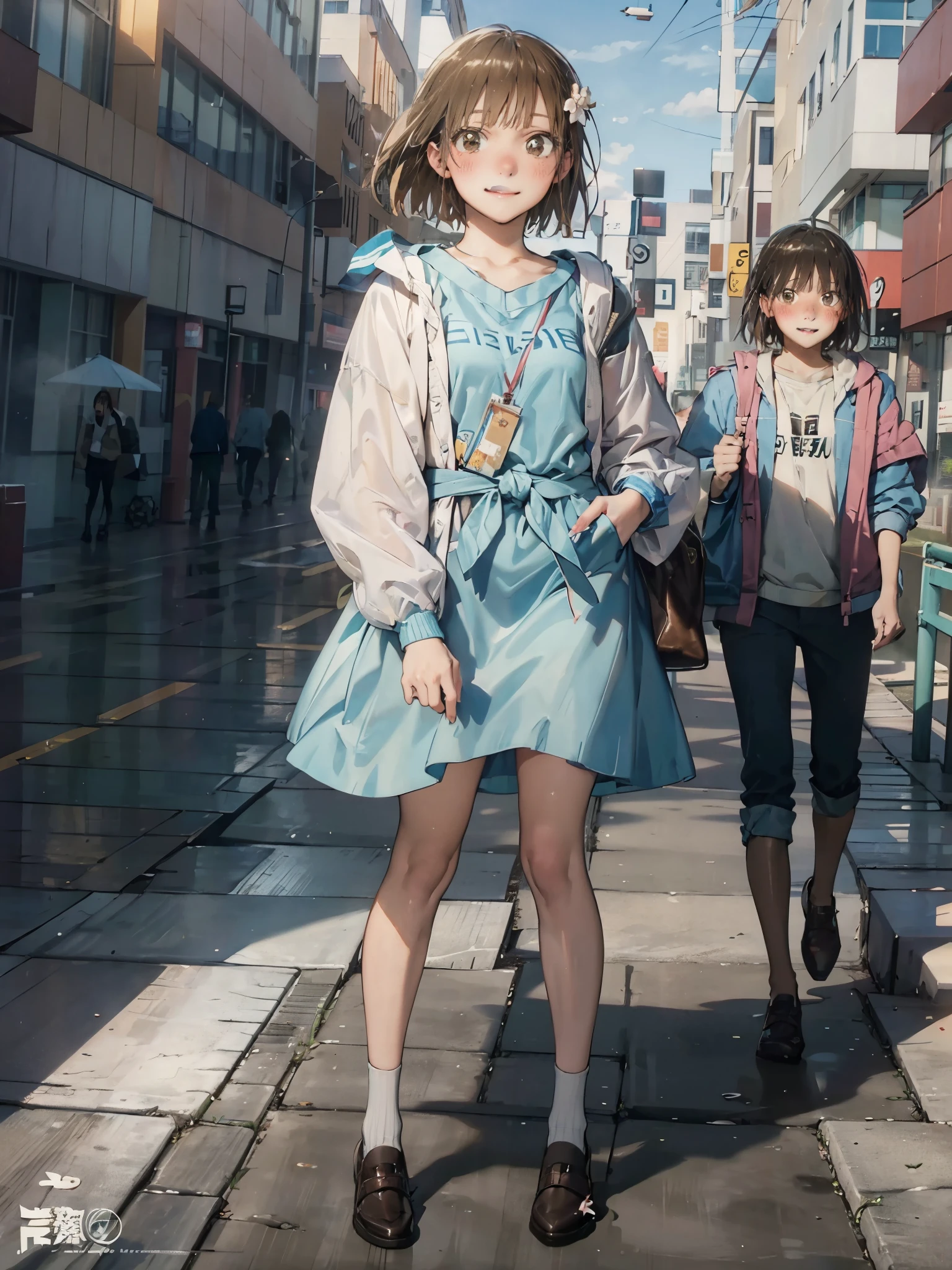 Anime - Illustration of a woman in high school clothes, summer outfit:1.5, anime character, official character art, neat and serious, full body, female anime girl, (brown eyes:1.5), Posing:1.5, (Tanned:1.0), Looking at camera, (Embarrassed expression:1.5), (smile:1.5), In the park, small chest, (Blush:1.5), (On the way home at morning:1.5), go on a date, (hard kissing:1.5),