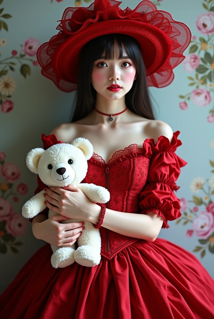 A woman in a red sexy dress and hat is holding a white teddy bear, Album cover inspired by Fujiwara Takanobu, Tumbler, Renaissance,  Lolita Style ,  Lolita Fashion, Loli Dress, rococo ruffle dress, , Ruffled Costume, victorian gothic  Lolita Fashion,  romantic dress, Pale red, Fairy Core,  Maid Dress