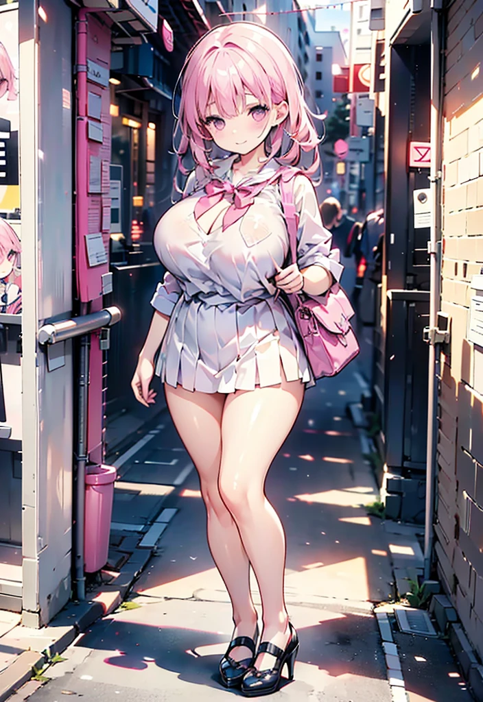   pinkセーラー服レオタード　pink hair side hair long　 high heels　student bag
Shoulder bag　 plump thighs 　Around town　outside　
 Big Breasts , ribbon,  high definition , accurate,  High Definition Model,  High Details ,  High Quality ,  textured skin,  Ultra High Definition,  retina,   レオタード