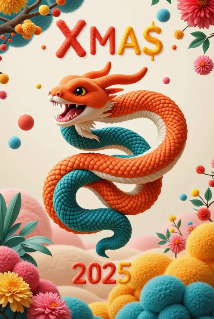 The snake and Lisamy bends into the numbers "Xmas and  New Year 2025,"
creating a Chinese New Year atmosphere. This illustration adopts a flat and colorful style with geometric patterns. the lines and shapesare eye-catching,the color matching is full of vitality,the cartoon image incorporates traditional artistic elements,and the expression is liveIy,red,