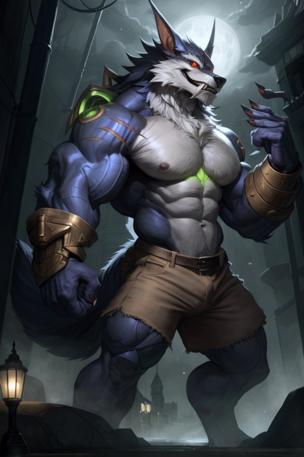 Alone, 1 lobo, eyes,  big wolf tail , eyes, 5 fingers,  nails black claws, golden bracelets ,  FULL BODY SHOWING , (warwick lol), bodybuilder,  detailed muscles ,  defined muscles , Thick muscles,  defined abdomen ,  large upper muscles, large chest, more robust body ,  large lower muscles ,  well defined thigh muscles,  defined calves, 2,34 tall, 235 kg of weight ,  long legs, long arms,  brown denim shorts ,  red eyes ,  pupils white,  detailed eyes, detailed teeth, confident pose, pose sexy,  looking at the viewer, confident look, Smile half open, detailed teeth,  eyes half tight with horniness, spectator wearing a ripped , 88 tall ,  Arcane City background at night, take the key,  a bit of mysterious fog , moonlight, take the key, 4K,  good resolution ,  Perfect Anatomy ,  great quality , masterpiece,  good lighting , imposing shadows, por hachi duchi, for darkgem, por racoon21, front focus, low angle