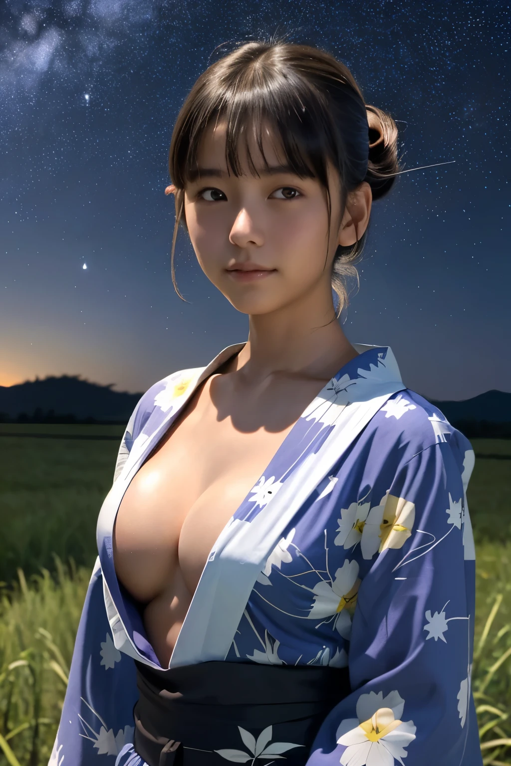 best quality, masterpiece, young japanese girl, (14yo:1.4), ((tanned skin)), (silhouette lighting:1.1), (upper body:1.5), chignon hair with bangs, medium breast, (yukata without bra, cleavage:1.3), hands down, japanese rural field landscape, ((starry sky at midnight))