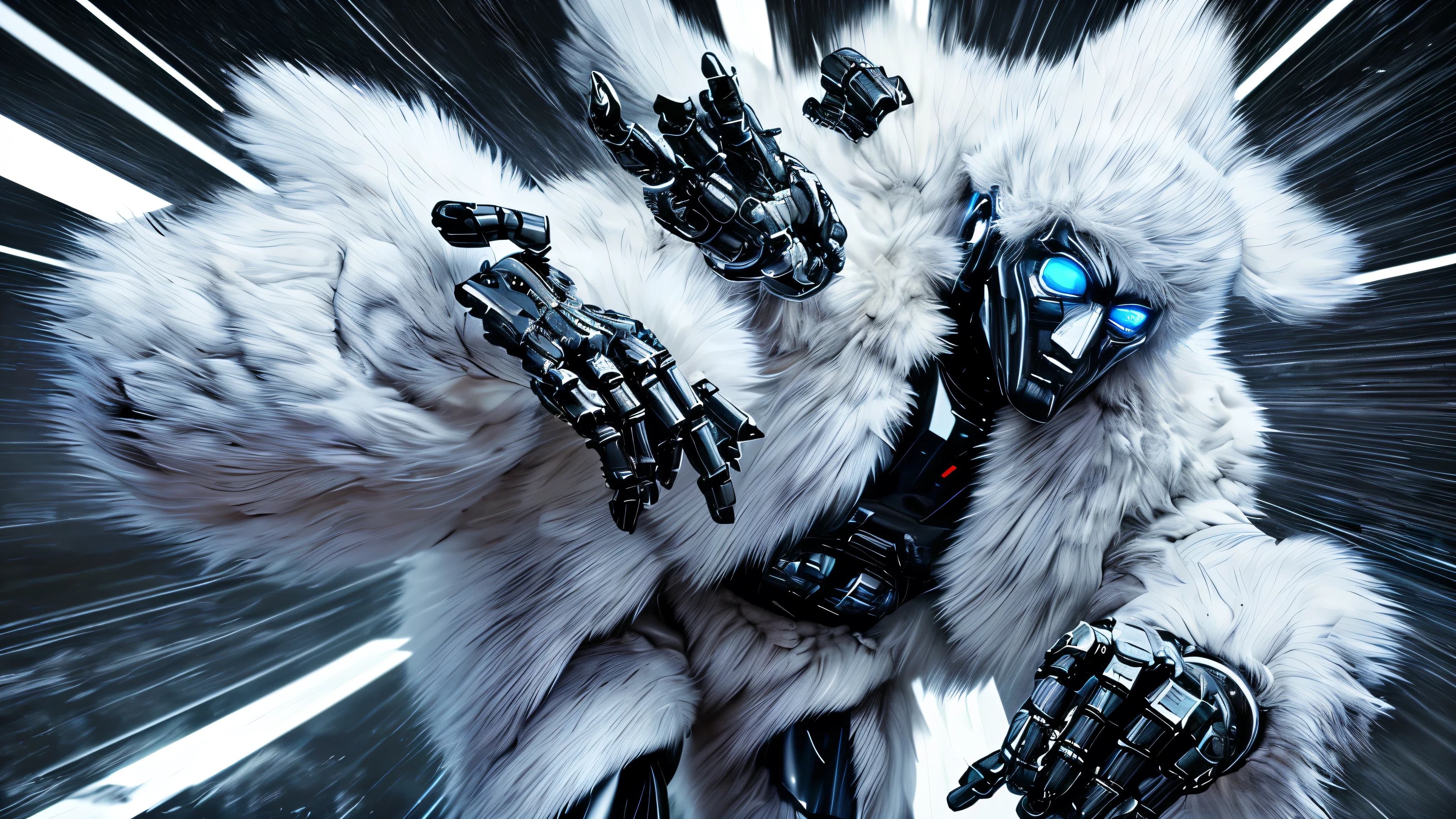 masterpiece, best quality, extremely detailed, hyperrealistic, photorealistic, a cool man, ultra detailed face, black robot face, white fur coat, black robot body, punching, artistic jump, strenuous movements, from below, dynamic angle, underground
