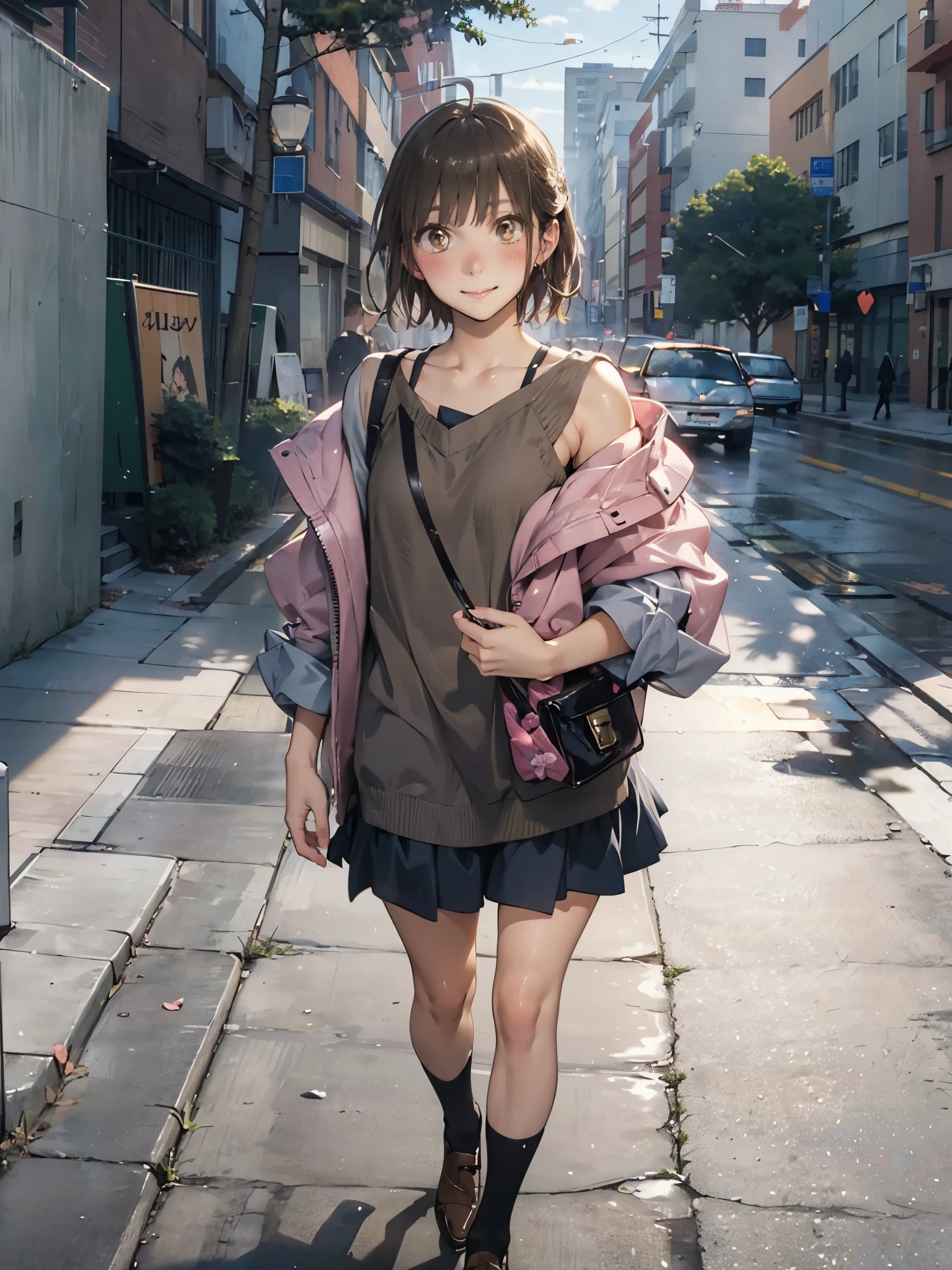 Anime - Illustration of a woman in high school clothes, summer outfit:1.5, anime character, official character art, neat and serious, full body, female anime girl, (brown eyes:1.5), Posing:1.5, (Tanned:1.0), Looking at camera, (Embarrassed expression:1.5), (smile:1.5), In the park, small chest, (Blush:1.5), (On the way home at morning:1.5), go on a date, (hard kissing:1.5),