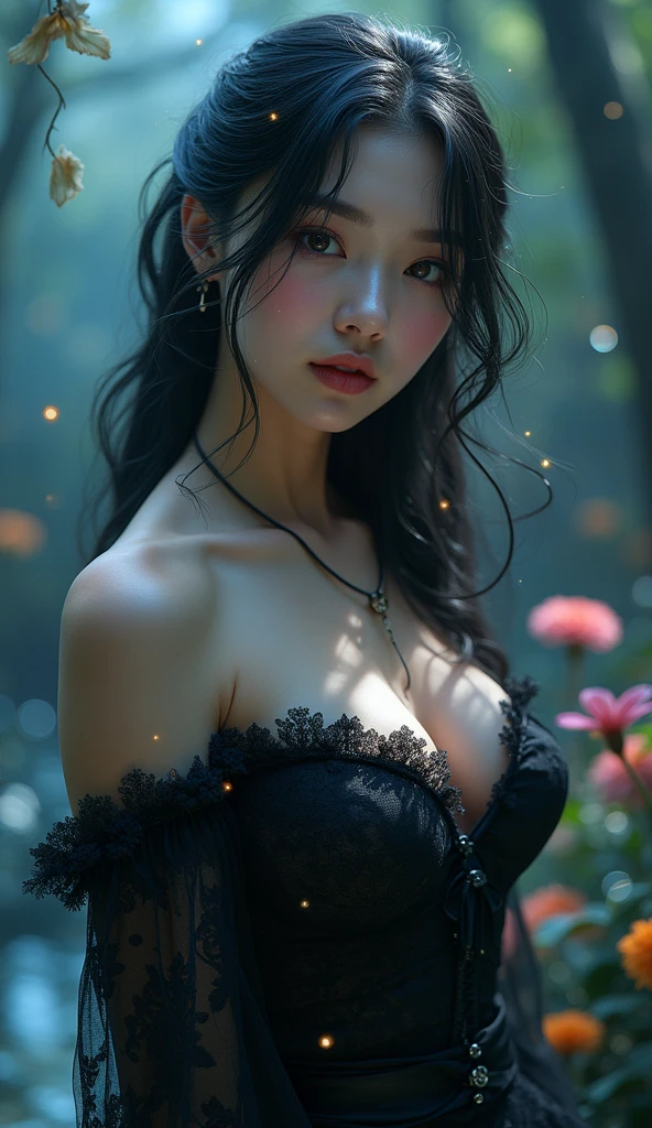 loose outfit、Show shoulders、Dark Color String Dress、How to wear a black gown、Decorated with intricate patterns and bright colors、Transparent material that makes the skin shine、Artistic depiction of seductive woman in gown with wet thin cloth and transparent skin, Floral and fantastic pattern with flowing silky traditional see-through skin。Her dress draped elegantly around her curvaceous figure、Emphasizes her charming silhouette。She's a gentle fireworks night、Dynamic Posing、Sexy Posing、bathed in the soft glow of moonlight。The scene is、With a hint of mystery and sensuality、It exudes an ethereal dreamy atmosphere。The image style is、Incorporates a blend of watercolor and digital illustration techniques.、It makes you feel delicate beauty and charm。Soft moonlit lighting、Cast gentle highlights and shadows on her mesmerizing features。Dynamic Posing、Bold poses、The hand is somewhere、see -through、show through、A sexy、Wet hair、Wet、(cherry trees、flower petals、cherryblossom、The cherry tree、Sakura Snowstorm 1.5)、buried、Transparent skin、Wet clothes、(Chest 1.2)、Navel Ejection、Swaying in the wind、Burgundy、pale red、(Slouch 1.5)、Lace colors、lace choker、a choker、Lie on your back on the surface of the water、New lining、