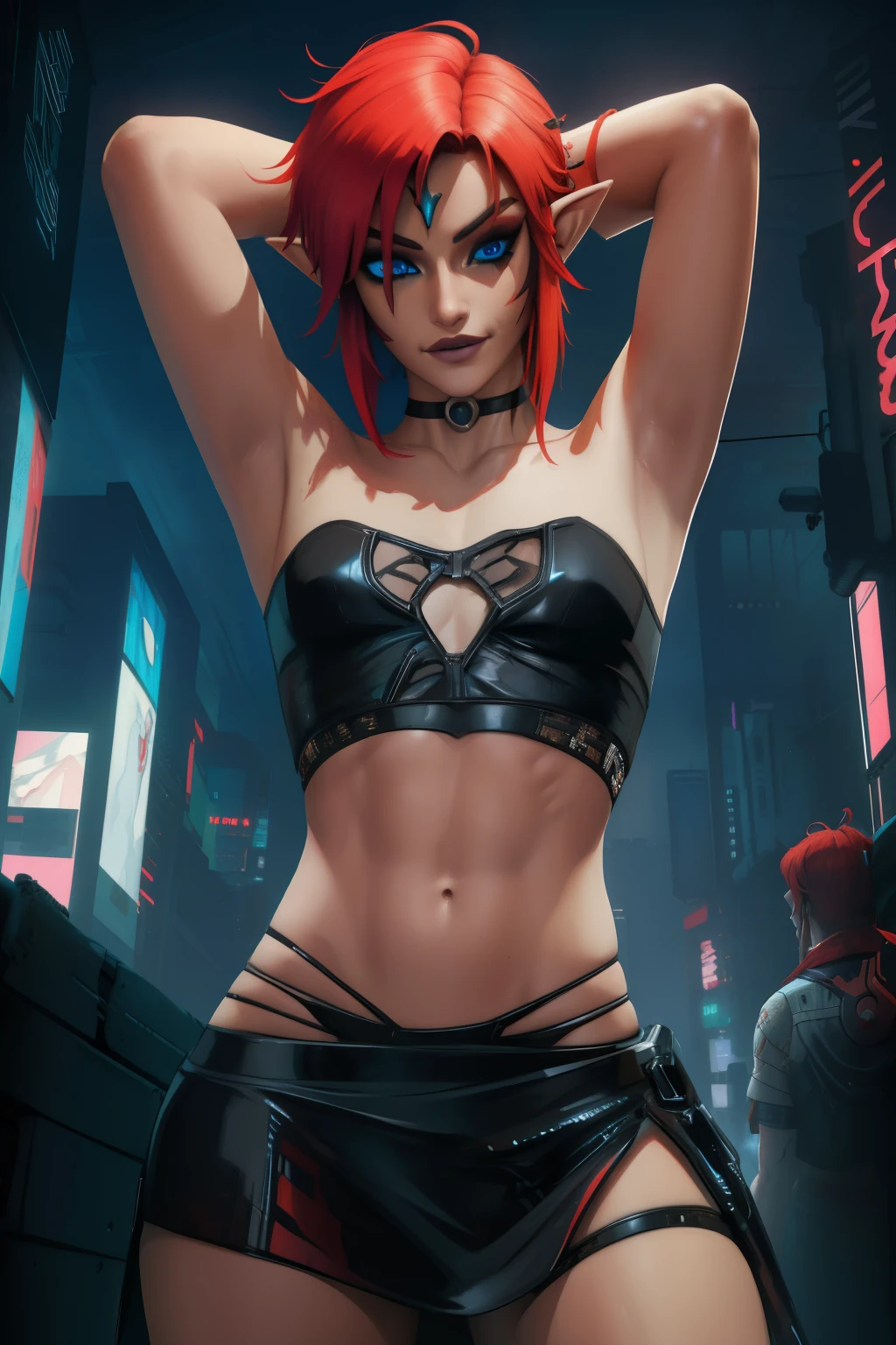 Link, boy, red hair,pointy ears,blue eyes, standing, smiling, black eyeliner, lip gloss, solo, Femboy, male, cowboy shot,
LGear, tube top, midriff, toned, choker, arms up,
cyberpunk tavern, cyberpunk,
(insanely detailed, beautiful detailed face, masterpiece, best quality)