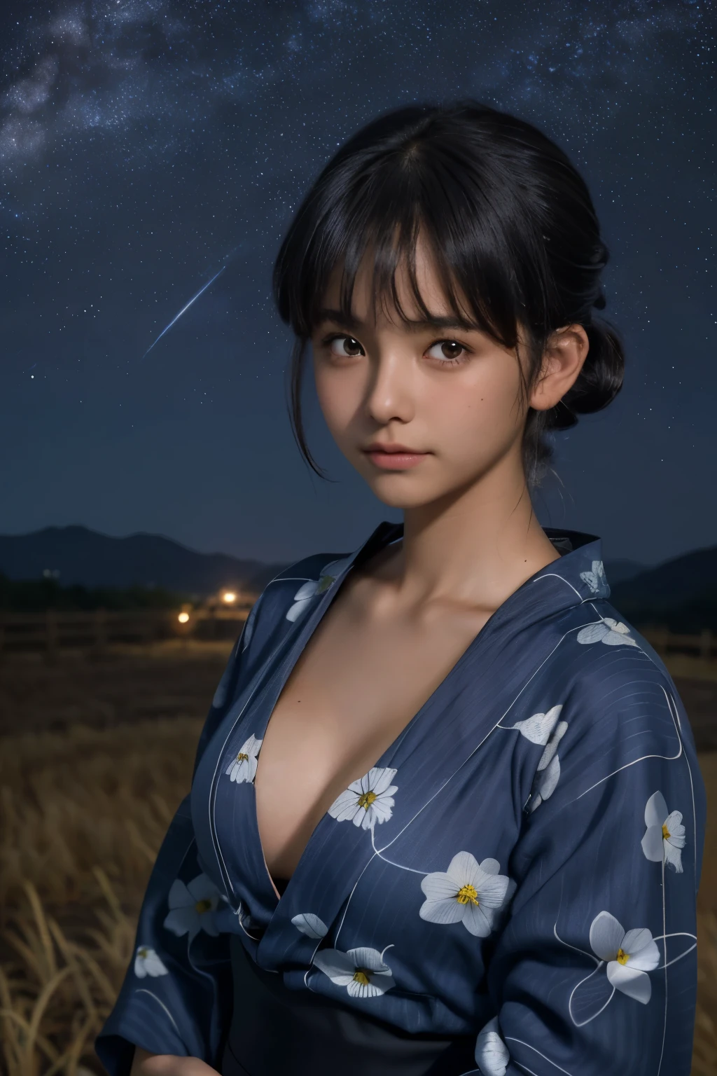 best quality, masterpiece, young girl, (14yo:1.4), ((tanned skin)), (silhouette lighting:1.2), (upper body:1.5), chignon hair with bangs, medium breast, (yukata without bra, cleavage:1.3), hands down, japanese rural field landscape, ((starry sky at midnight))