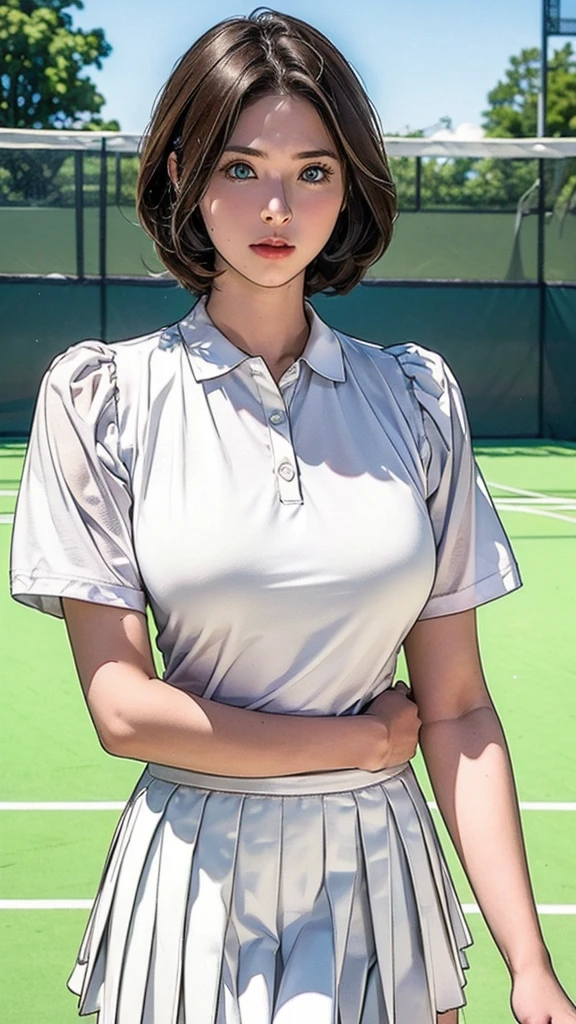  tennis court 、( top quality, 4K, 8k high resolution,   masterpiece  :1.2),   very detailed, 1 person,  beautiful Japanese woman, ( short hair ,   blue eyes), Sexy Vibes ,  Attractive legs ,  big breasts,  ((Pro tennis player )), (( white polo shirt 、White Skirt)),(( The mini pleated skirt flips up in the wind)),(( white blouse )),There is a  ,     beautiful lip details ,   bright color, Photo Spot,Soft and warm color ,