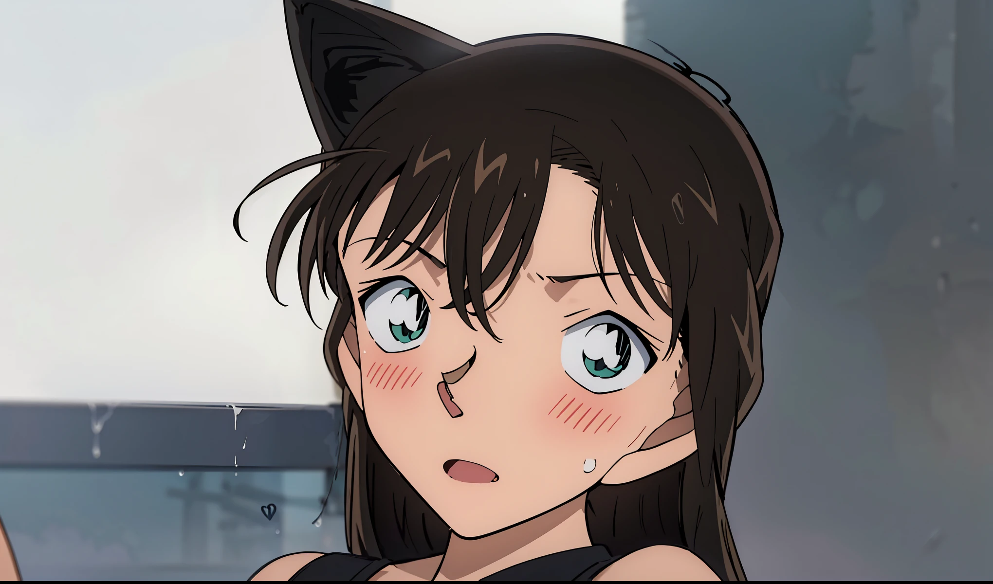 Mouri Ran, , NSFW:1.8, sex, pool background, (adds sound effects), (adds trembling lines), vaginal penis, leaning forward, heart shaped pupils, sweating profusely, cum on tongue, (backlighting),(deep shadows), (sharp focus), (brown hair),）