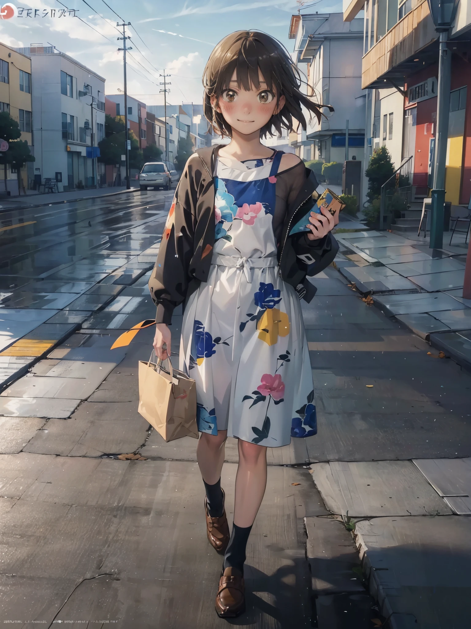 (flat anime painted:1.5), Anime - Illustration of a woman in high school clothes, summer outfit:1.5, anime character, official character art, neat and serious, full body, female anime girl, (brown eyes:1.5), Posing:1.5, (Tanned:1.0), Looking at camera, (Embarrassed expression:1.5), (smile:1.5), In the park, small chest, (Blush:1.5), (On the way home at morning:1.5), go on a date, 