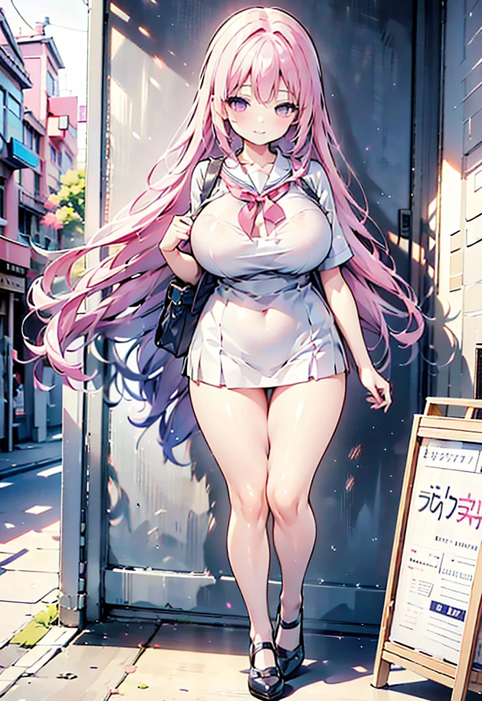   pinkセーラー服レオタード　pink hair side hair long　 high heels　student bag
Shoulder bag　 plump thighs 　Around town　outside　
 Big Breasts , ribbon,  high definition , accurate,  High Definition Model,  High Details ,  High Quality ,  textured skin,  Ultra High Definition,  retina,   レオタード