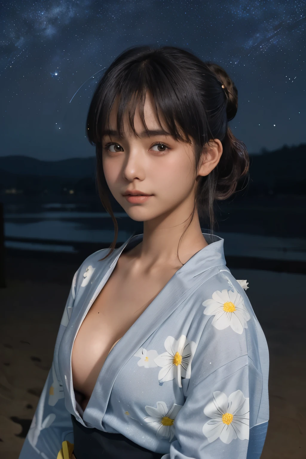 best quality, masterpiece, young girl, (14yo:1.4), ((tanned skin)), (silhouette lighting:1.2), (upper body:1.5), chignon hair with bangs, medium breast, (yukata without bra, cleavage:1.3), hands down, japanese rural field landscape, ((starry sky at midnight))