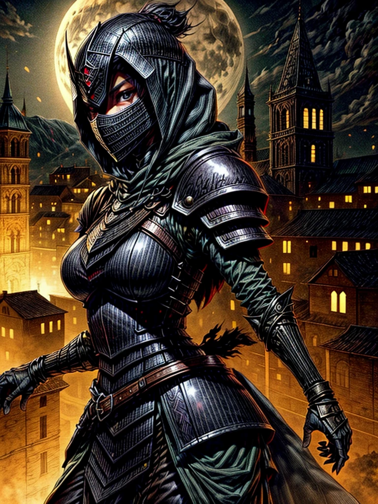 Female Assassin,Hooded with black eyes,With iron mask,black armor, with a medieval city in the moonlight in the background.