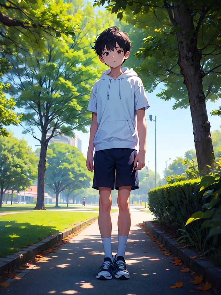 There is a boy sitting on the grass under the tree .  
He is looking happy and he is a small boy.
It is a natural place . No more people is available. Huge area. No cars big ground 