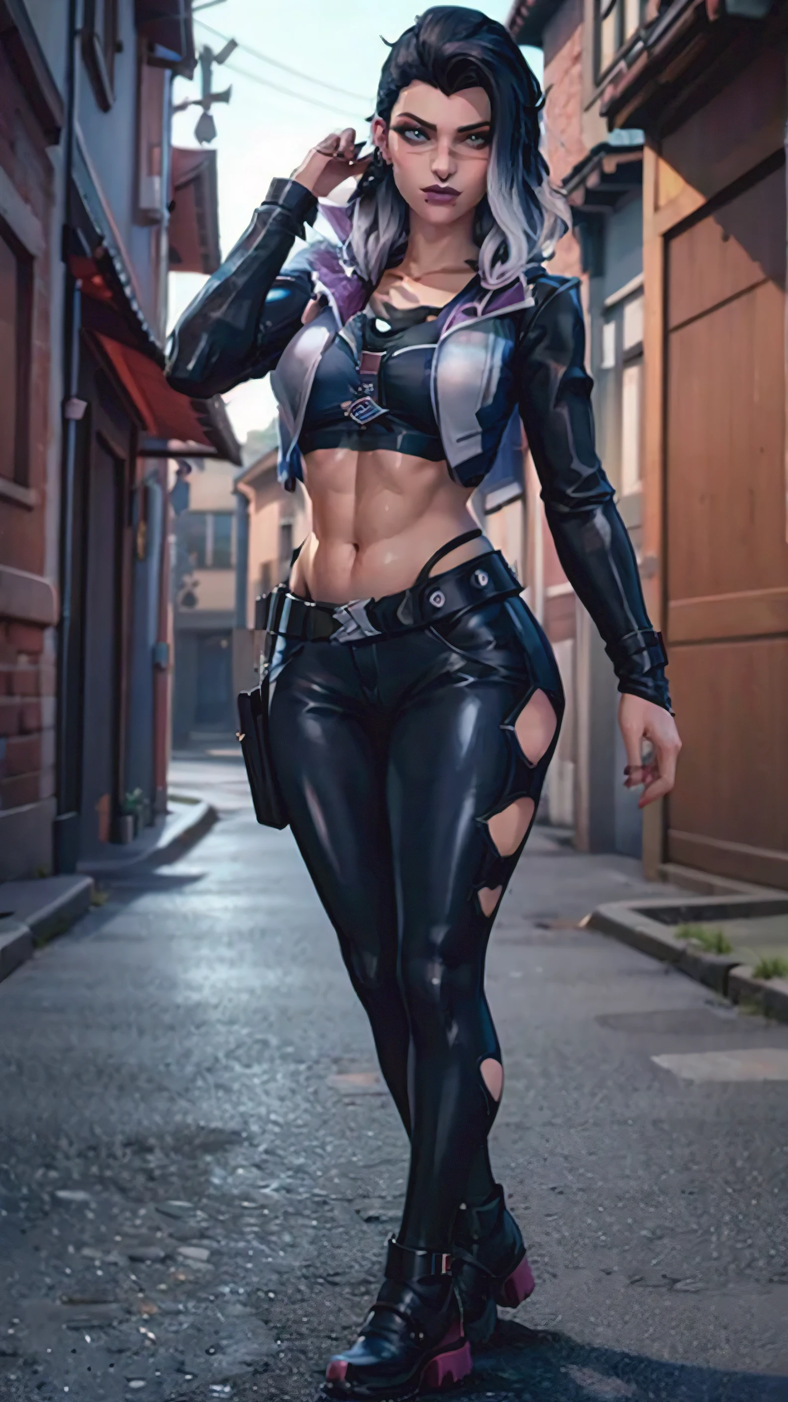 (masterpiece), best quality, HD, expressive eyes, perfect face, Turkish girl, smoked eyes, makeup, 1girl, raining, black hair, heterochromia eyes,(high quality eyes), scar, scar on face, outdoors, looking at viewer, black crop top, midriff, navel, collarbone, leather leggings, valorant, jacket clothing, shoes, full body, seducing poses, urban clothing, nose piercings, smiling, ear piercings eyes, Bosporus straits background, cowboy shot, embarrassed shy, dazed clitoris