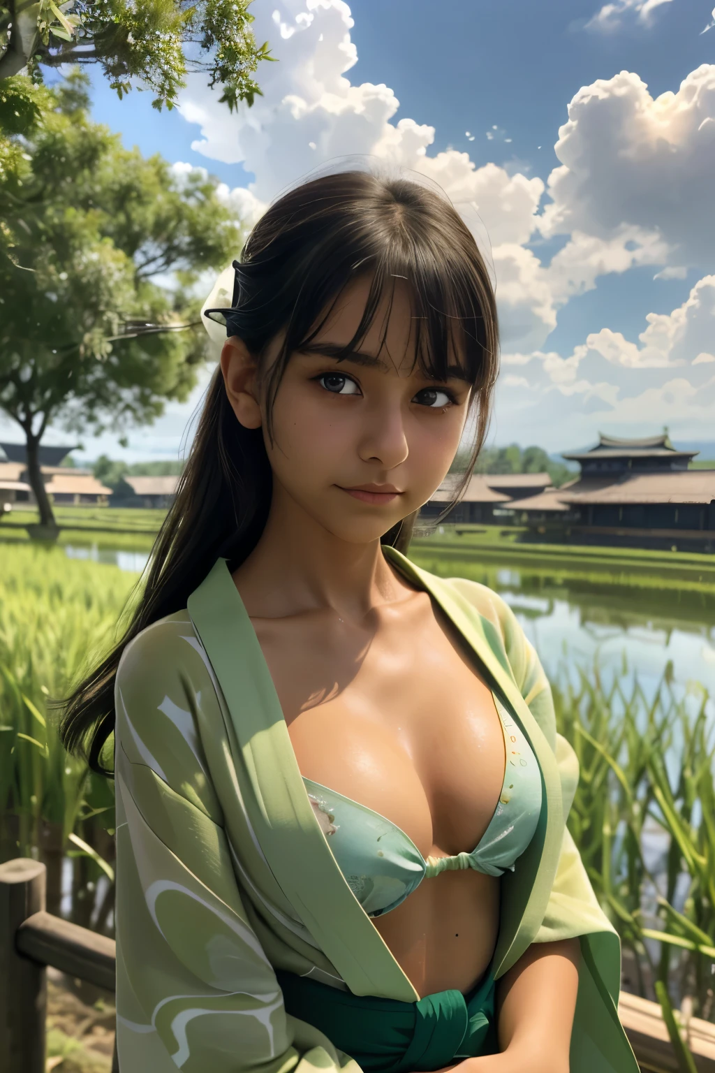 best quality, masterpiece, young arabian girl, green colored eyes, (14yo:1.4), ((tanned skin)), (silhouette lighting:1.2), (upper body:1.5), chignon hair with bangs, medium breast, (yukata without bra, cleavage:1.3), hands down, she sweating a lot,  japanese rice paddy landscape, ((clouds, midsummer))